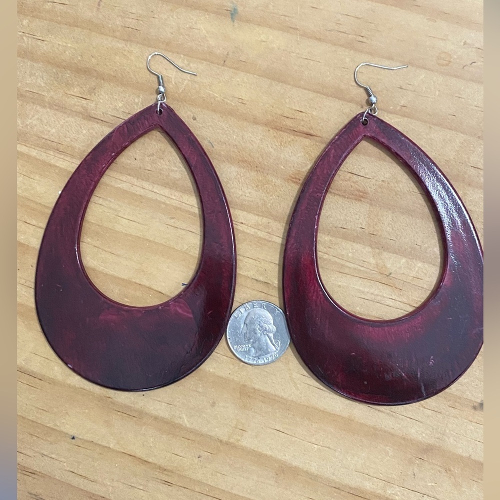 Elegant Burgundy Teardrop Lightweight Wood Statement Earrings